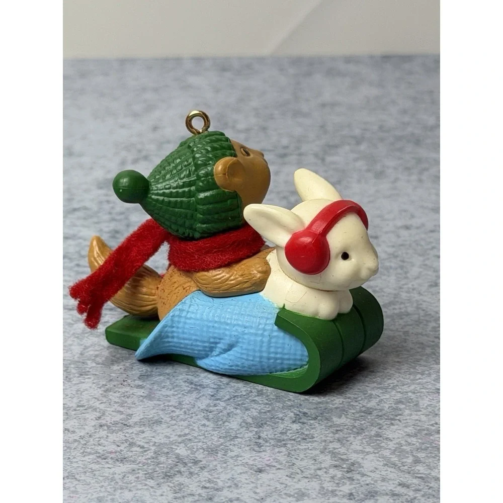 Vintage 1984 Avon Winter Pals Tree Ornament Bunny Rabbit Squirrel Sleigh